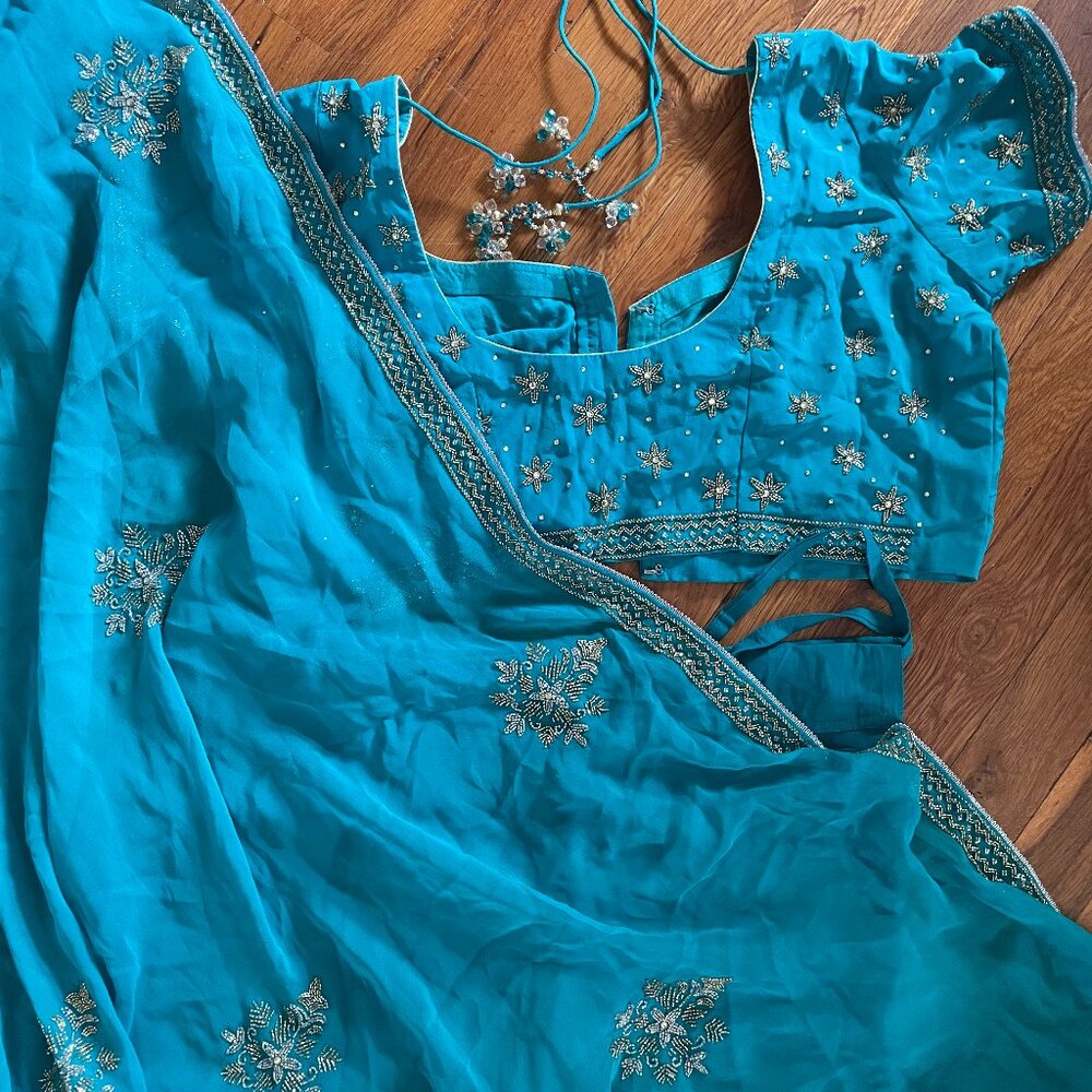 Handmade Beaded Teal Sari (Saree)